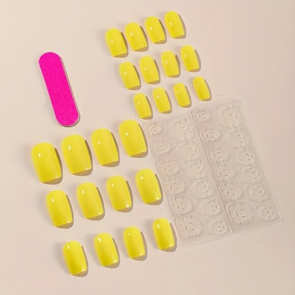 24pcs Short Square Press-On Nails - Pure Yellow Matte Finish with Jelly Glue - Picture 3 of 4